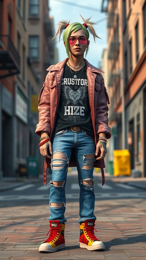 Crustpunk Custom Content for The Sims 4 Sims 4 character in crustpunk attire with ripped jeans and oversized jacket in an urban setting.